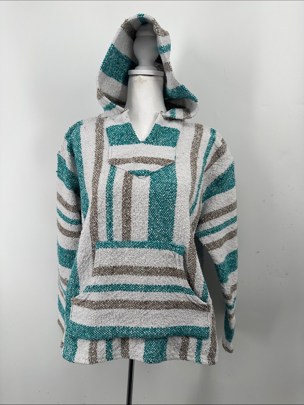 Striped Hoodie Baja Pullover Sweater in Teal and Gray